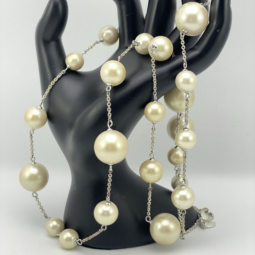 Stunning Vintage Glass Pearl Chain Necklace Silver Tone Statement Bridal Cute